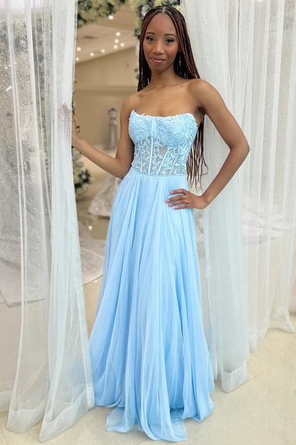 Magenta Chiffon Appliques Strapless A-Line Long Prom Dress