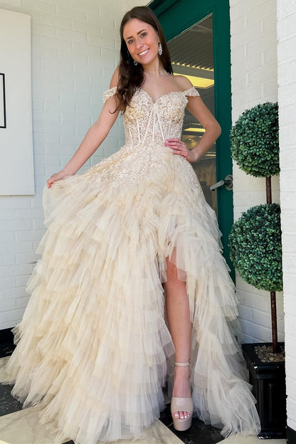 Light Blue Appliques Off-the-Shoulder Ruffle Tiered Long Prom Dress
