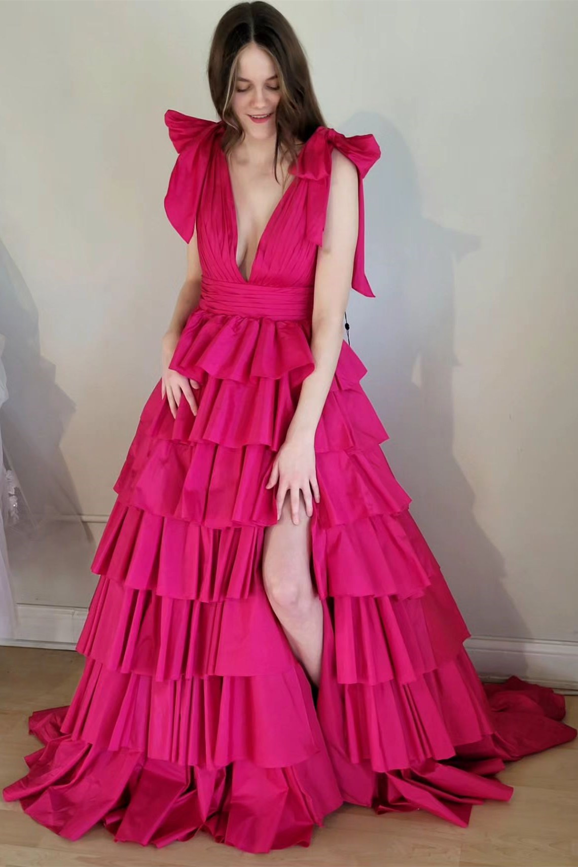 Black Plunge V Ruffle Tiered Ball Gown with Slit