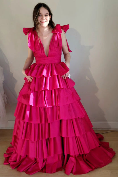 Black Plunge V Ruffle Tiered Ball Gown with Slit