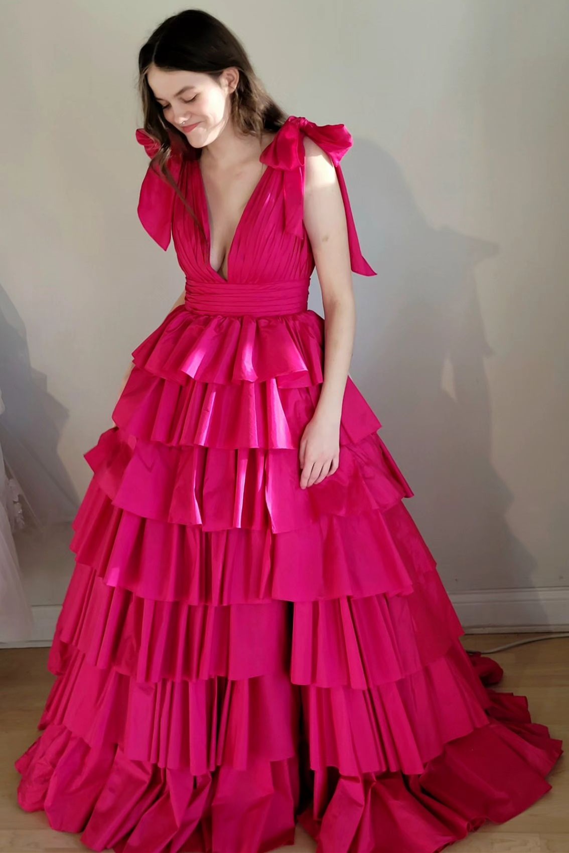 Black Plunge V Ruffle Tiered Ball Gown with Slit