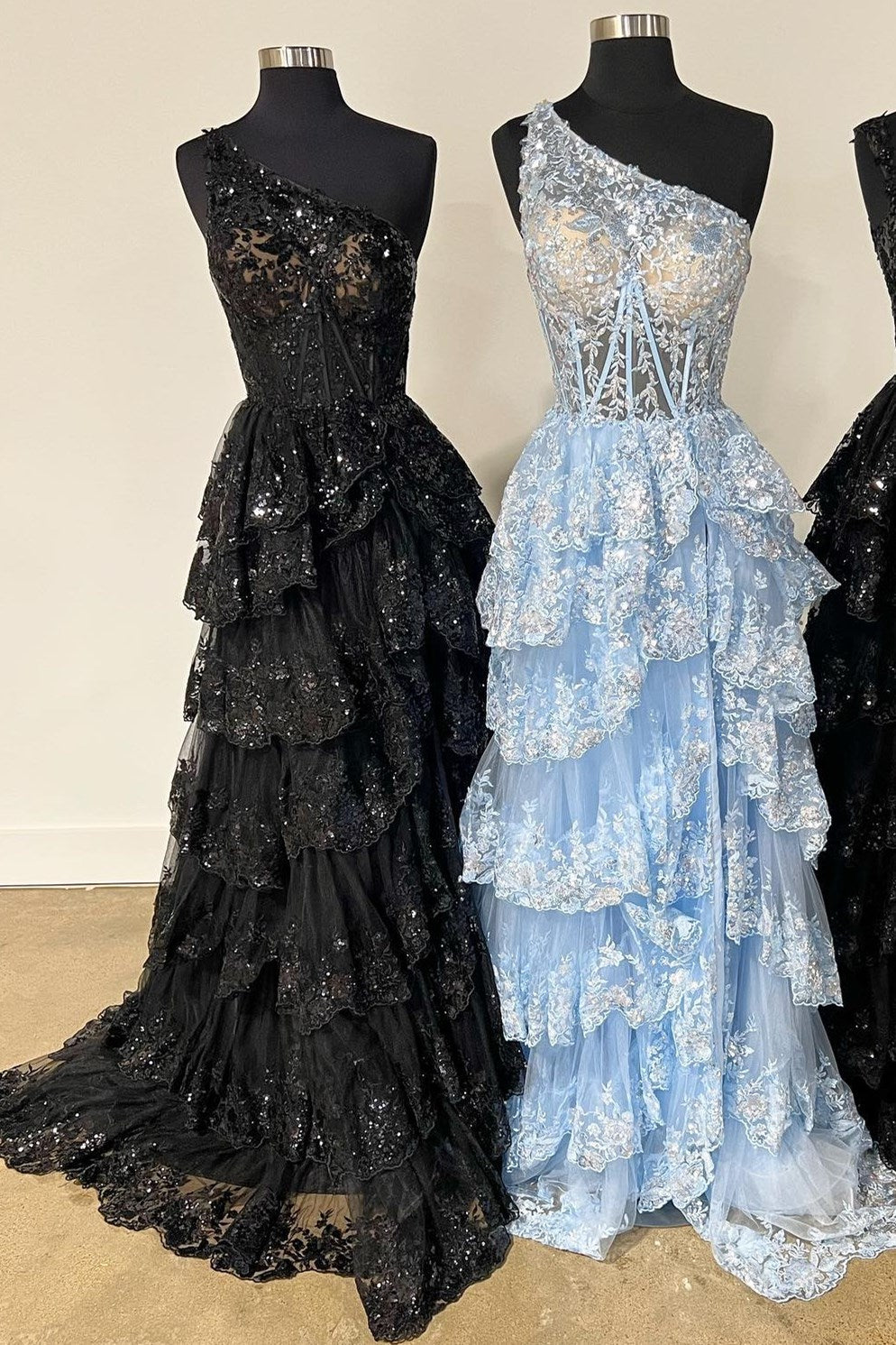 Gold Tulle Sequin One-Shoulder Ruffle Long Prom Dress with Slit