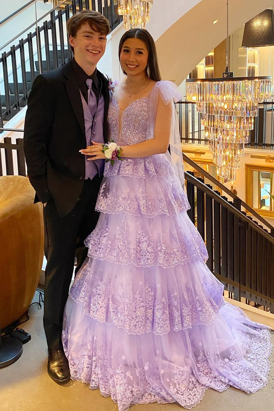 Light Blue Tulle Appliques Tying Strap Ruffle Tiered Long Prom Dress