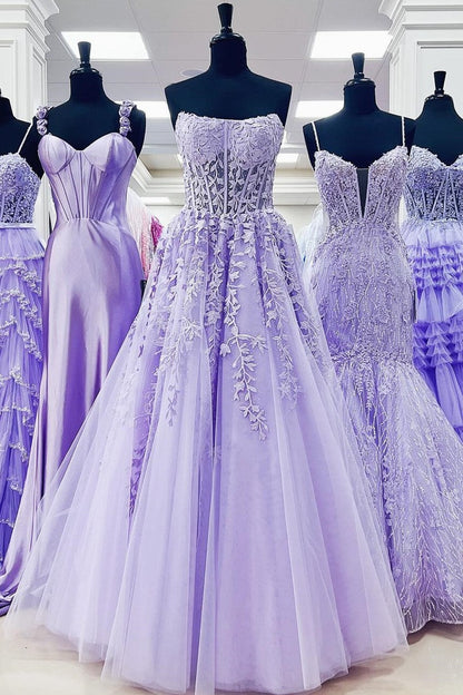 Aqua Blue Appliques Strapless A-Line Long Prom Dress