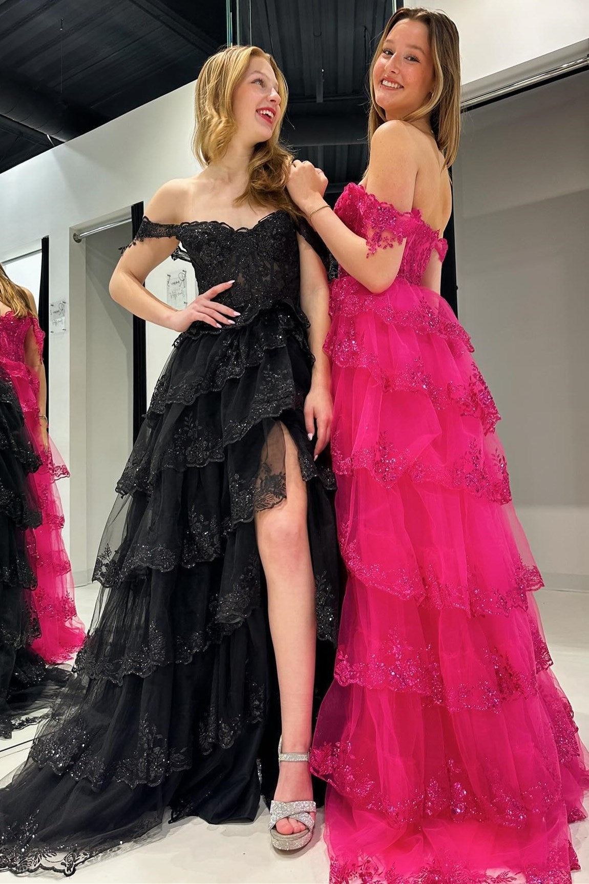 A-Line Appliques Off-the-Shoulder Ruffle Empire-Waist Sleeveless Long Prom Dress