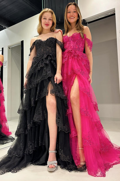 A-Line Appliques Off-the-Shoulder Ruffle Empire-Waist Sleeveless Long Prom Dress