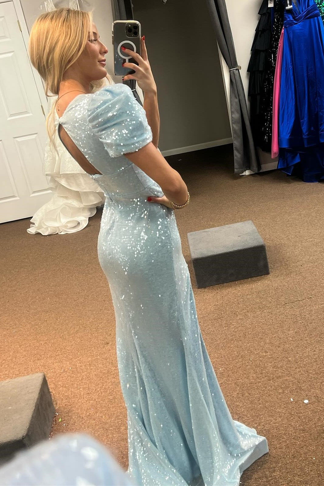 Light Blue Sequin Puff Sleeve V-Neck Mermaid Maxi Dress with Slit