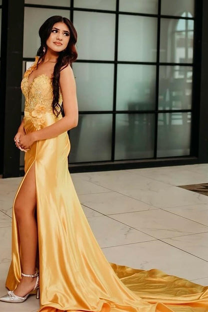 Red One-Shoulder 3D Floral Lace Pleated Long Gown with Slit