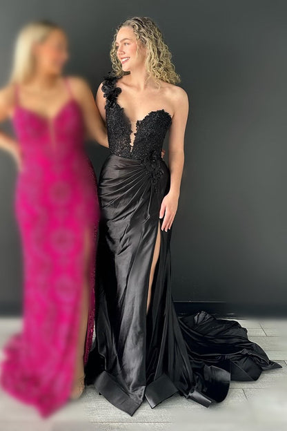 Red One-Shoulder 3D Floral Lace Pleated Long Gown with Slit