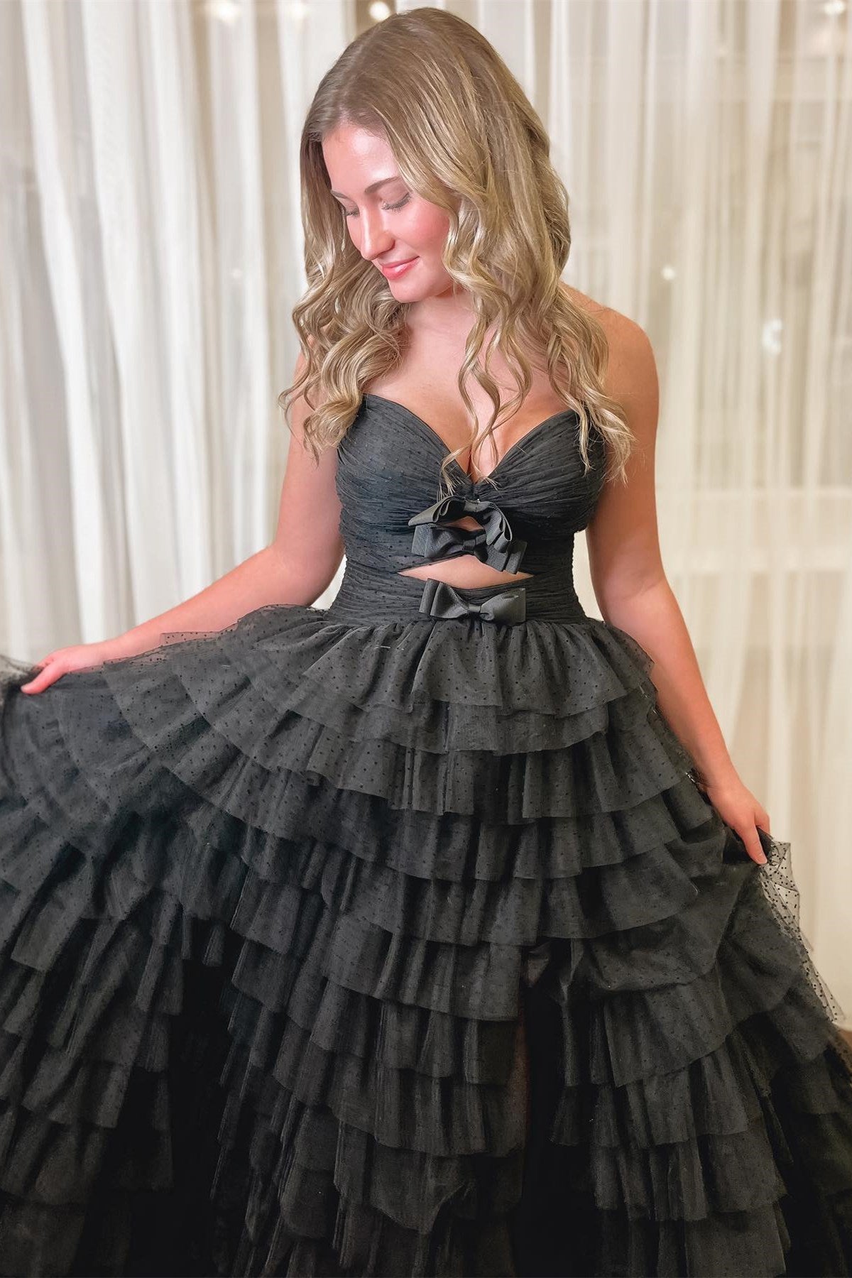Polka Dot Strapless Ruffle Tiered Prom Gown with Keyholes