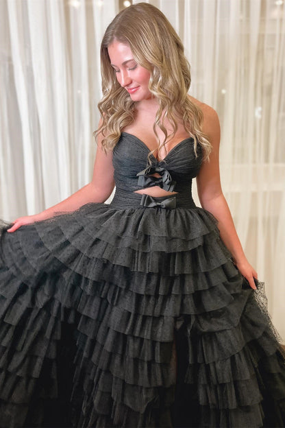 Polka Dot Strapless Ruffle Tiered Prom Gown with Keyholes