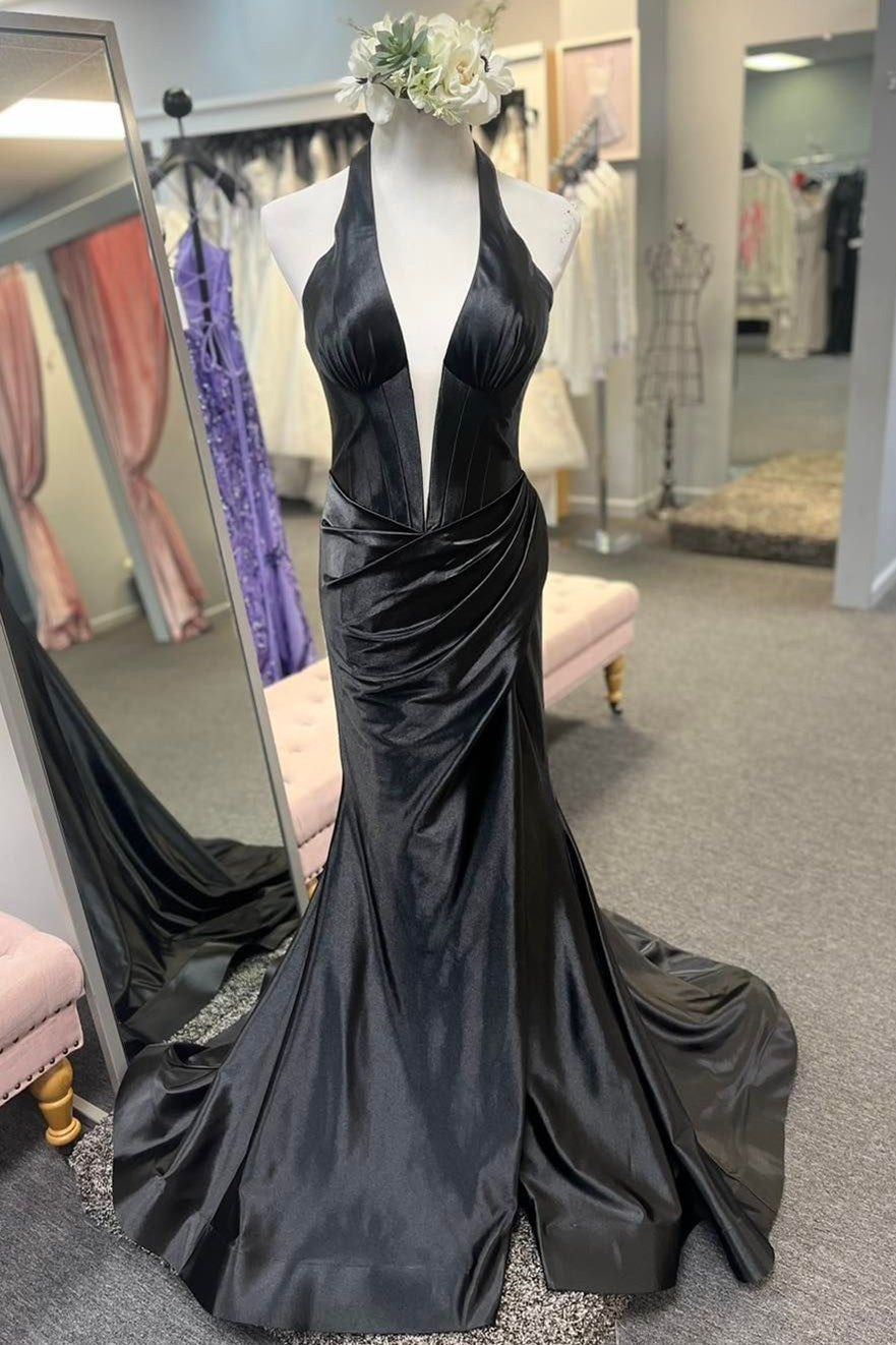 Navy Halter Mermaid Long Formal Dress with Slit