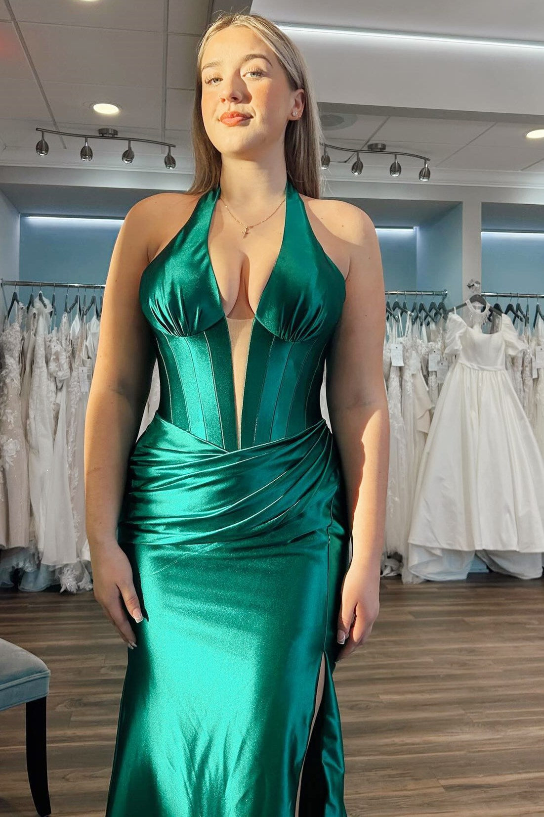 Navy Halter Mermaid Long Formal Dress with Slit