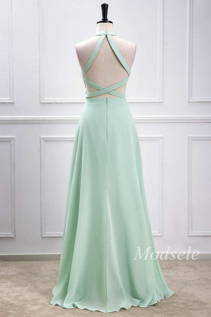 Sage Green Halter Maxi Dress with Slit