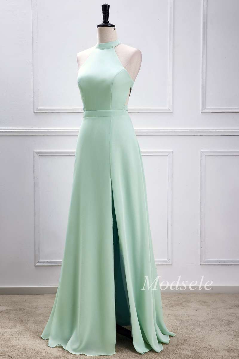 Sage Green Halter Maxi Dress with Slit