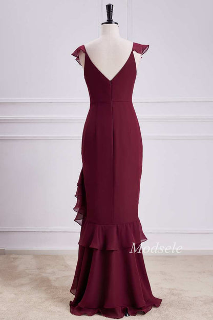Asymmetrical Tiered Ruffle V-Neck Chiffon Bridesmaid Dress