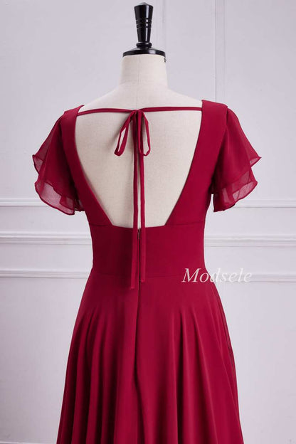 V-Neck Chiffon Maxi Dress with Flutter Sleeves in Red