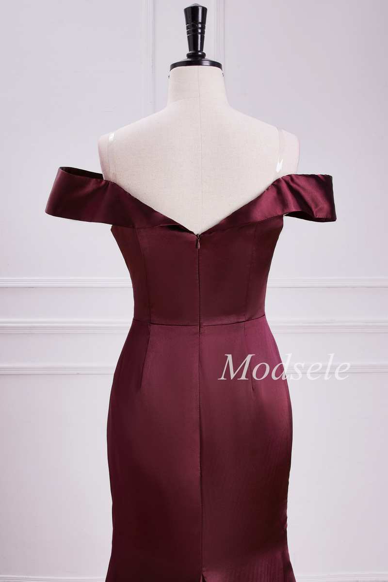 Off-the-Shoulder Pleated Trumpet Maxi Dress in Burgundy