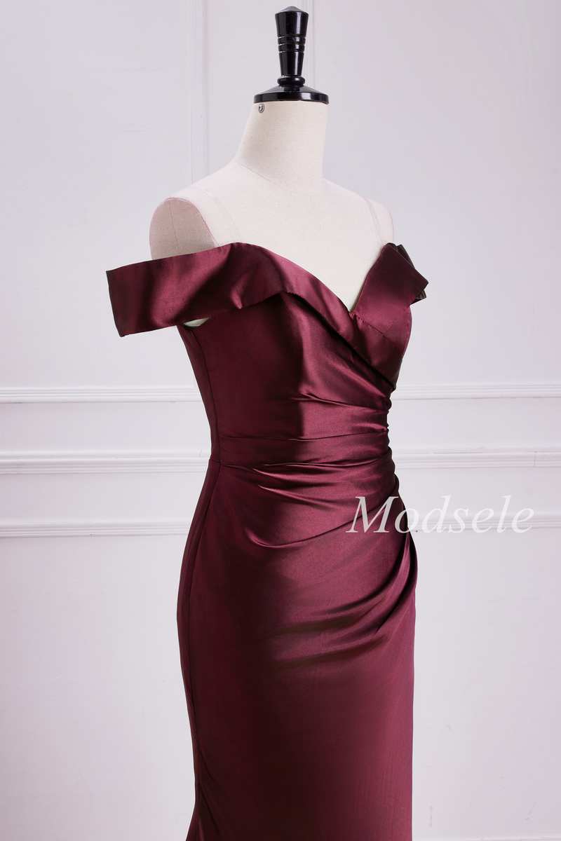 Off-the-Shoulder Pleated Trumpet Maxi Dress in Burgundy