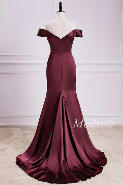 Off-the-Shoulder Pleated Trumpet Maxi Dress in Burgundy