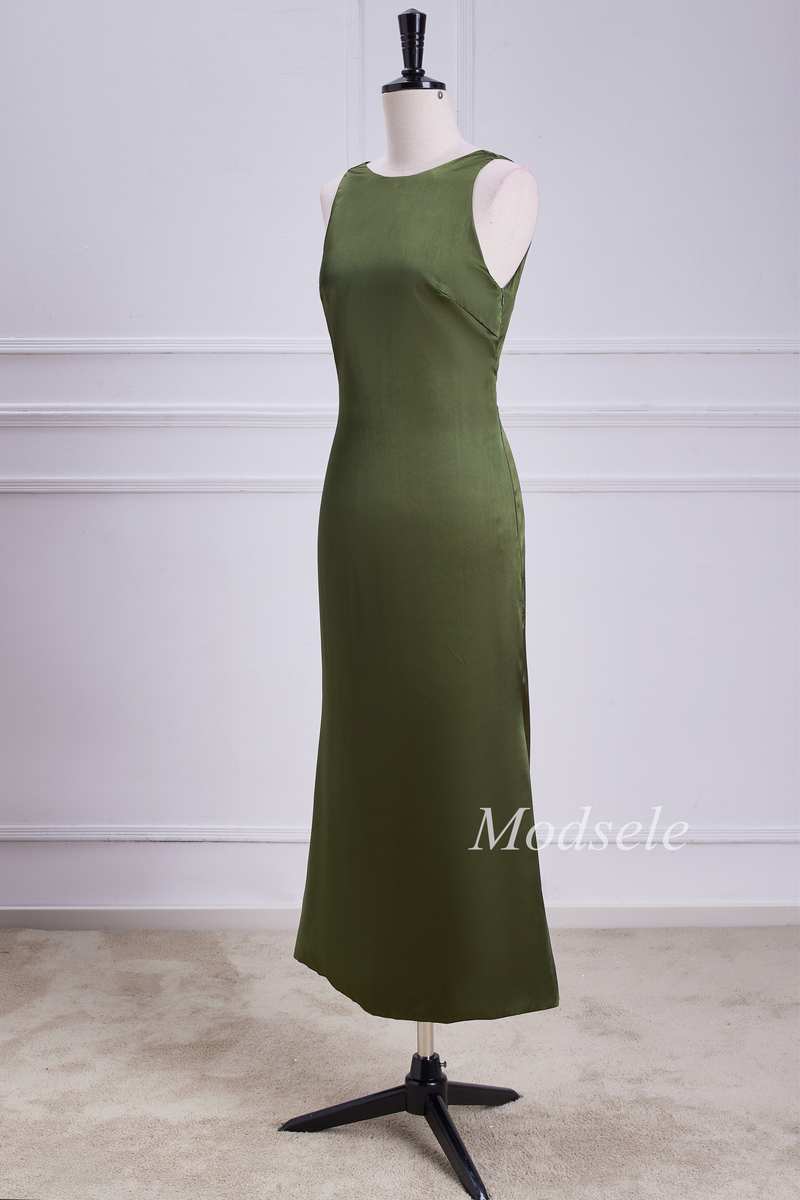 Tie Neck Keyhole Midi Dress in Olive Green