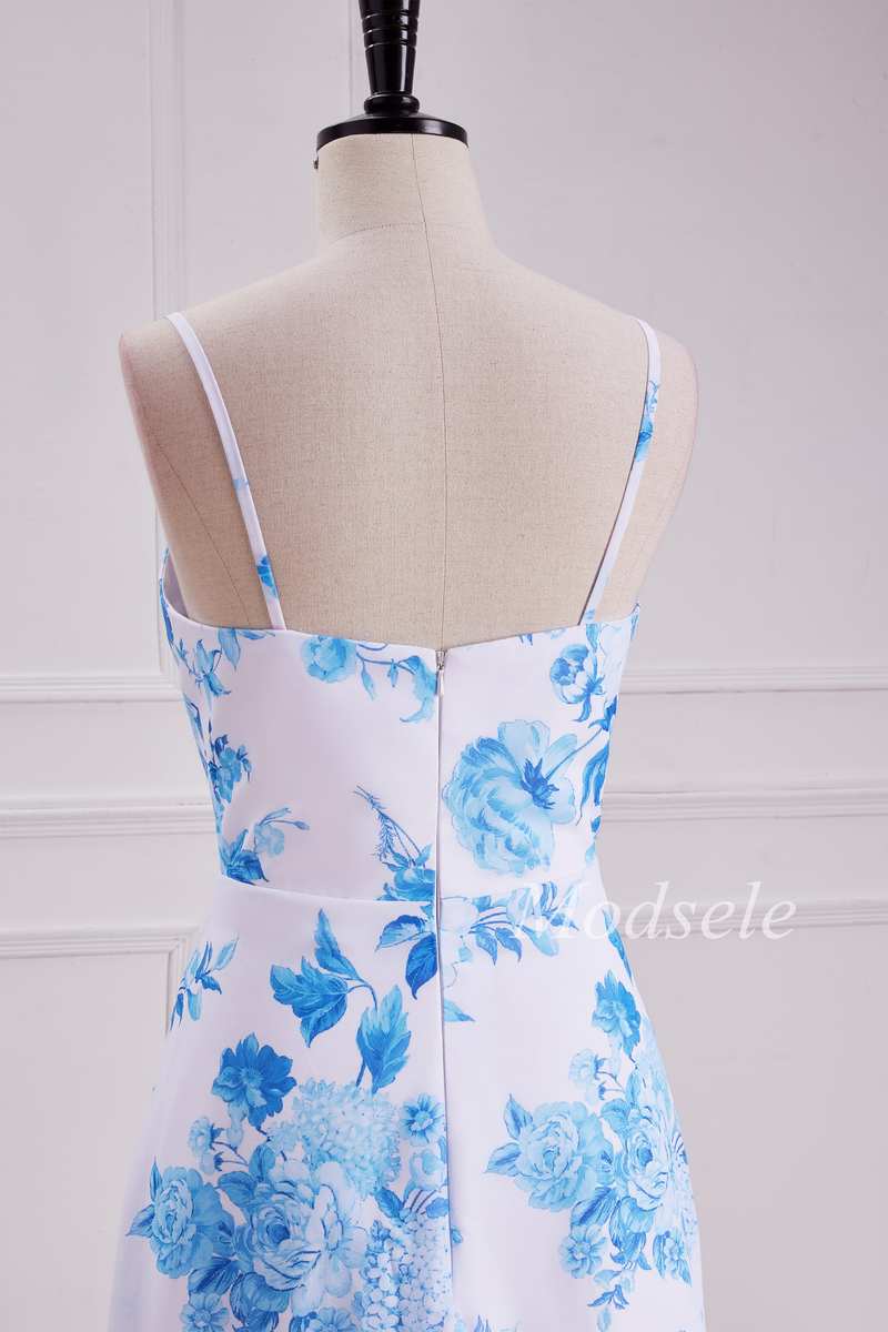 Floral Round Neck High-Low Dress with Spaghetti Straps