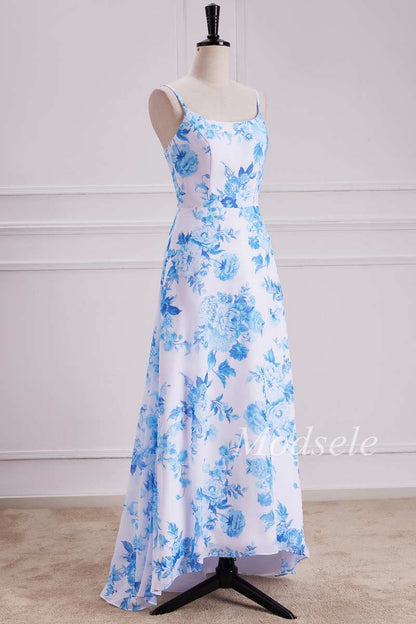 Floral Round Neck High-Low Dress with Spaghetti Straps