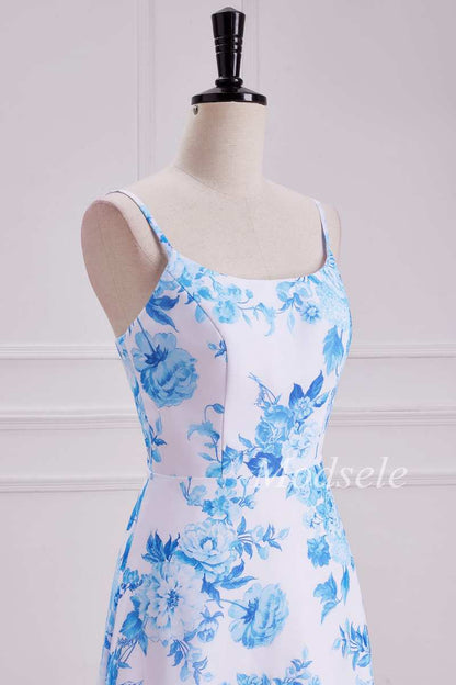 Floral Round Neck High-Low Dress with Spaghetti Straps