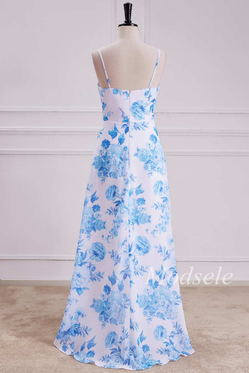 Floral Round Neck High-Low Dress with Spaghetti Straps