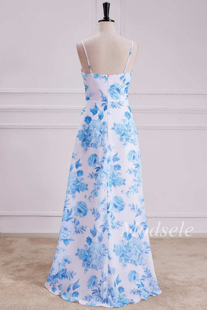 Floral Round Neck High-Low Dress with Spaghetti Straps