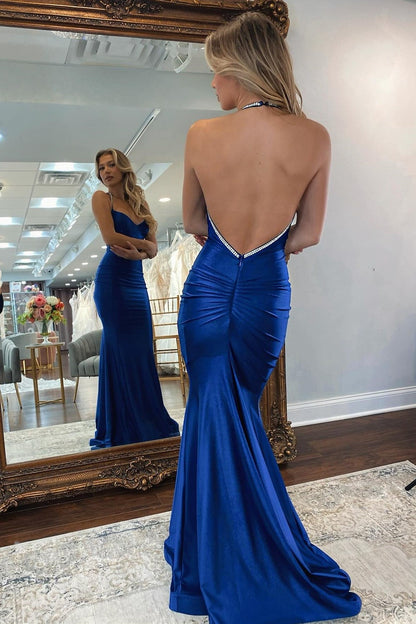 Gorgeous V-Neck Pleats Mermaid Backless Long Formal Prom Dress