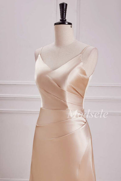 V-Neck Pleated Bodice Maxi Dress in Champagne