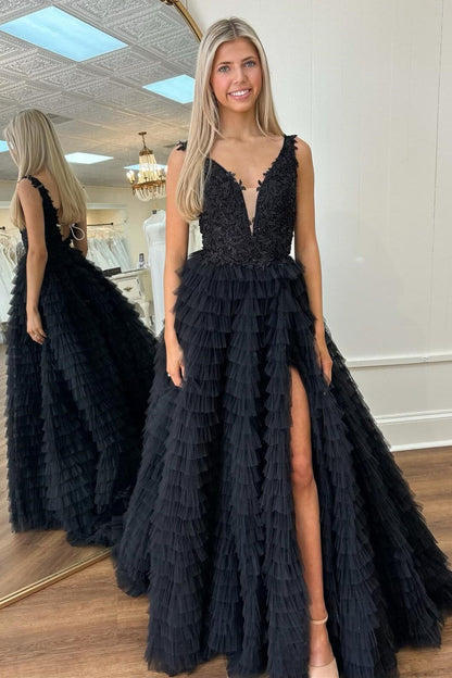Yellow Plunge V Ruffle Tiered Long Prom Dress with Slit
