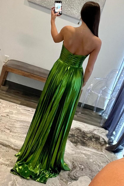 Metallic Strapless Pleated Gown in Rose Gold