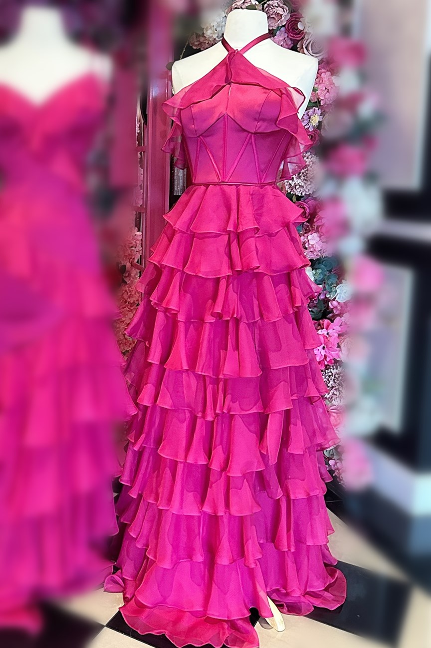 Halter Keyhole Ruffle Tiered Prom Dress with Slit