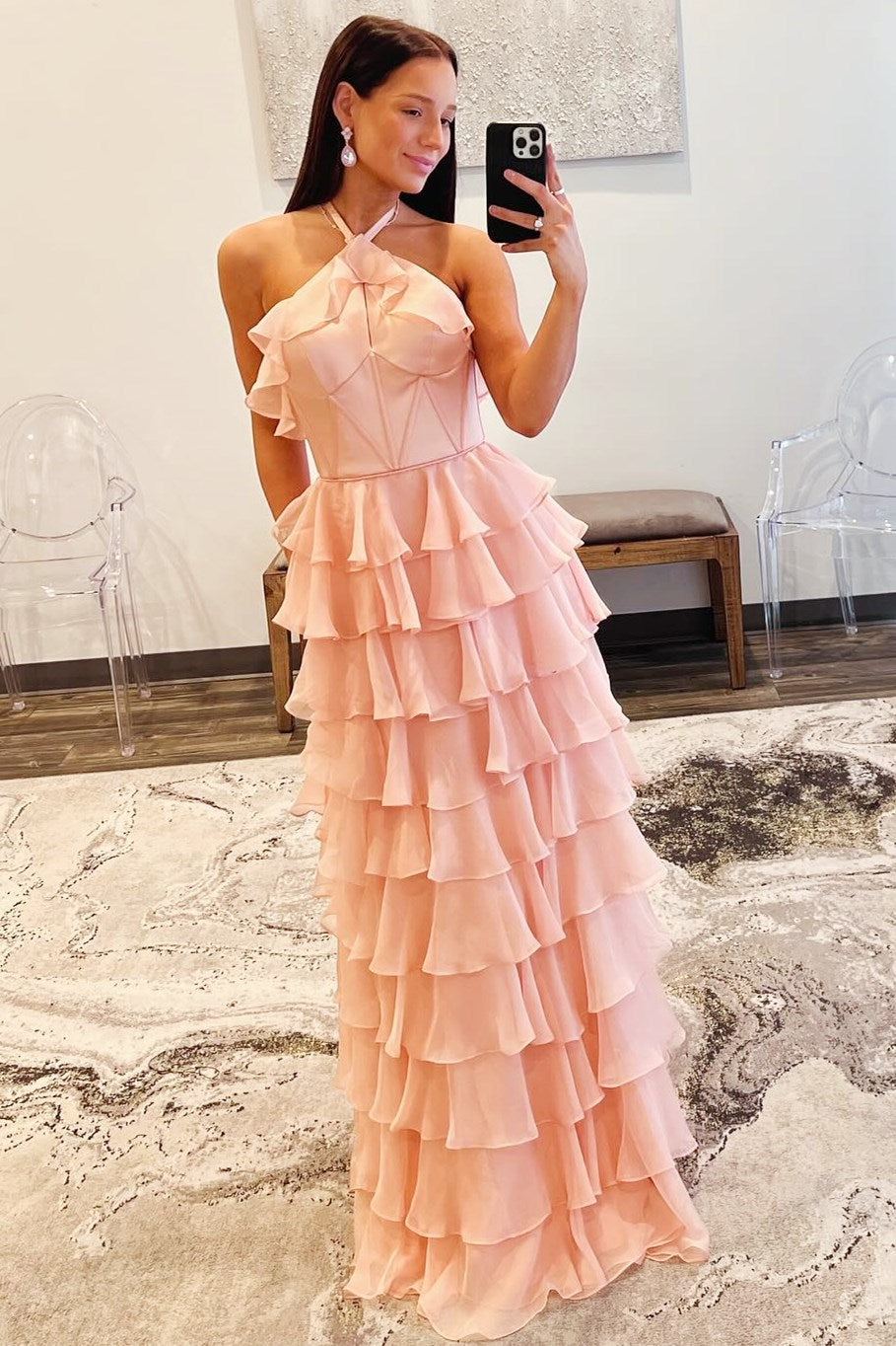 Halter Keyhole Ruffle Tiered Prom Dress with Slit