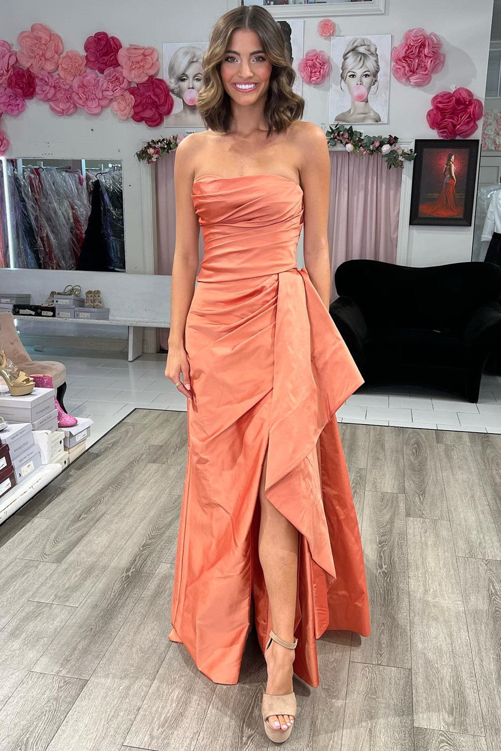 Strapless A-Line Empire-Waist Sleeveless Satin Long Prom Dress with Train