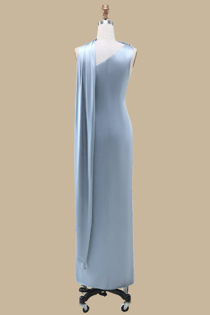Dusty Blue One-Shoulder Maxi Dress with Sash