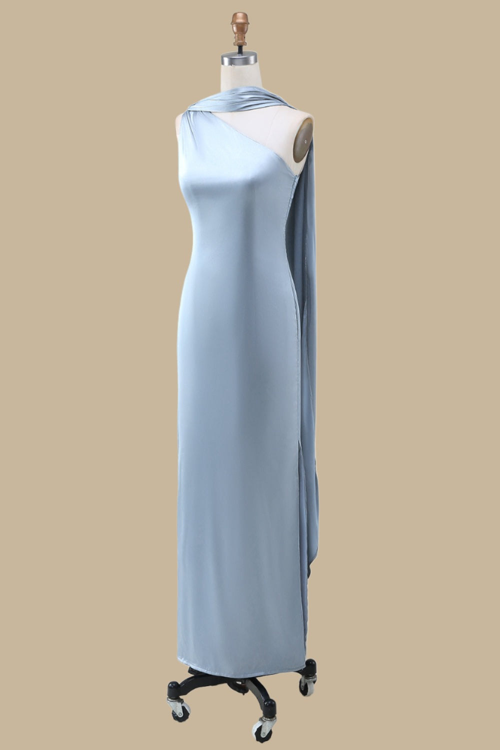 Dusty Blue One-Shoulder Maxi Dress with Sash