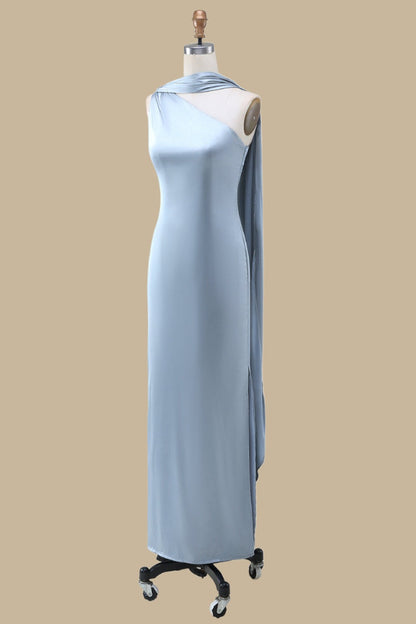 Dusty Blue One-Shoulder Maxi Dress with Sash
