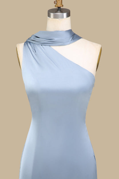 Dusty Blue One-Shoulder Maxi Dress with Sash