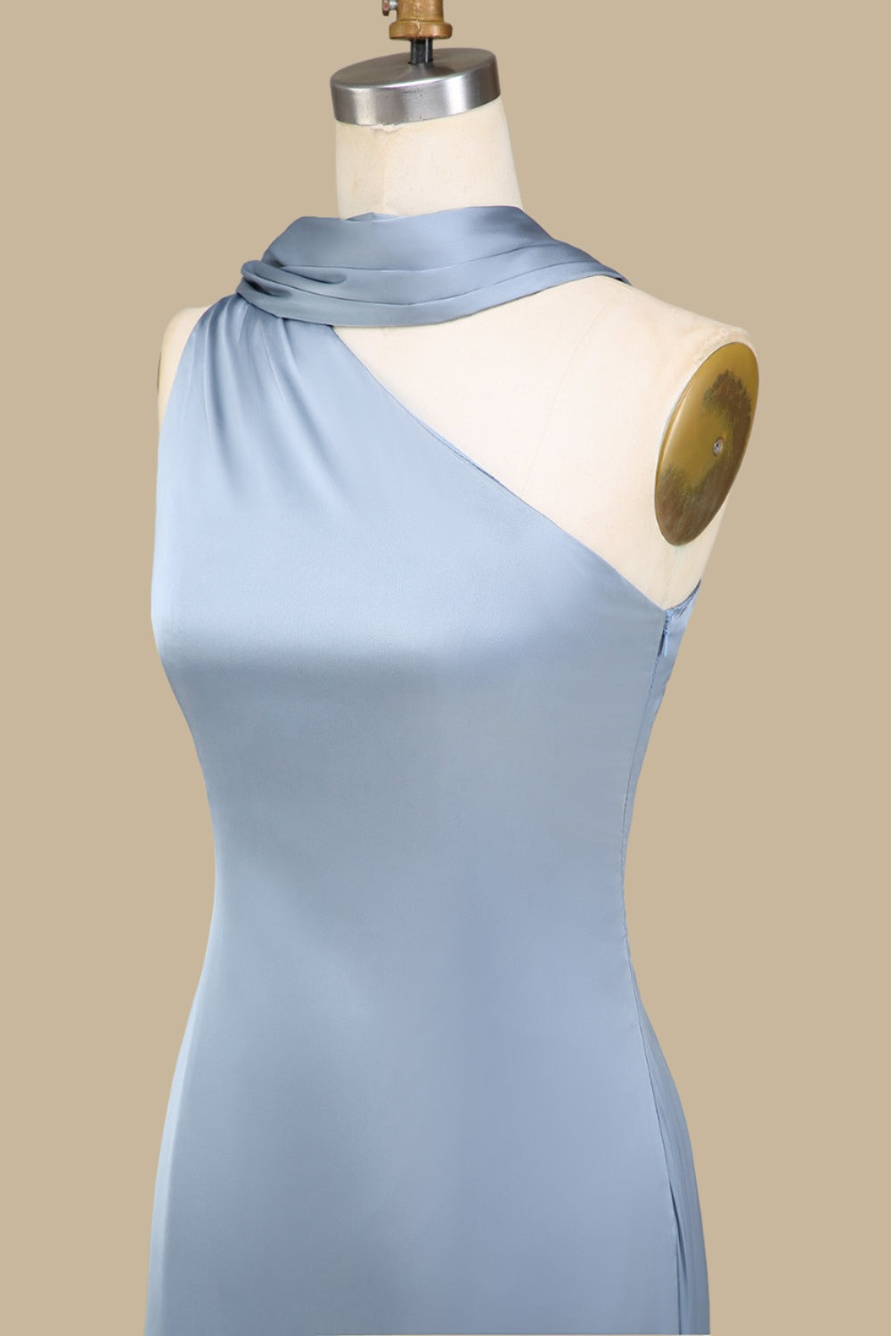 Dusty Blue One-Shoulder Maxi Dress with Sash