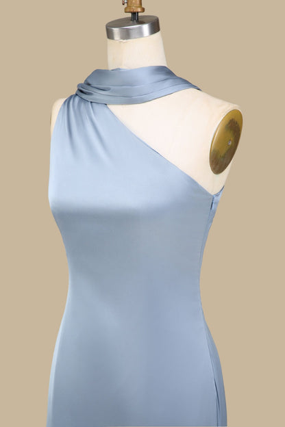 Dusty Blue One-Shoulder Maxi Dress with Sash