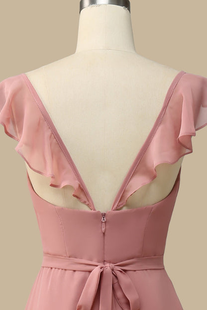 Dusty Rose Surplice Neck A-Line Chiffon Maxi Dress