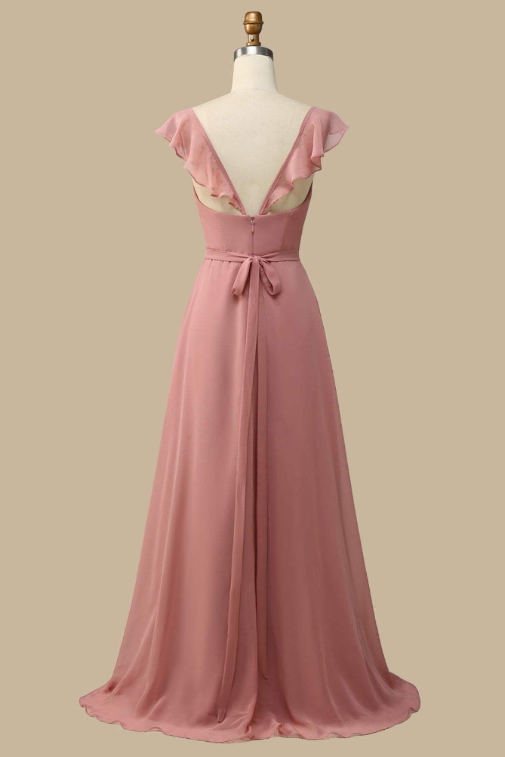 Dusty Rose Surplice Neck A-Line Chiffon Maxi Dress