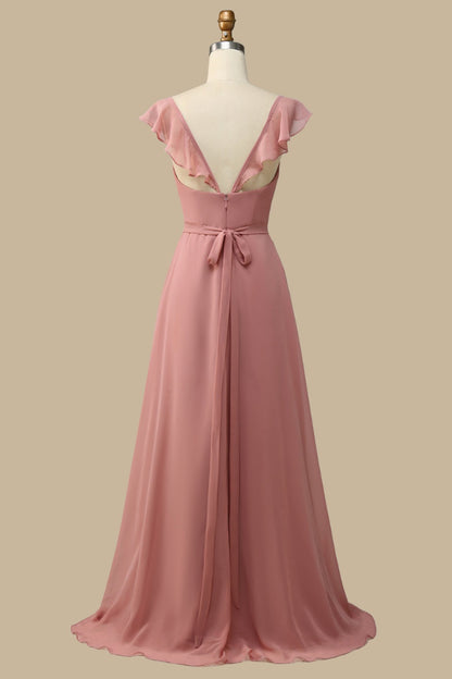 Dusty Rose Surplice Neck A-Line Chiffon Maxi Dress