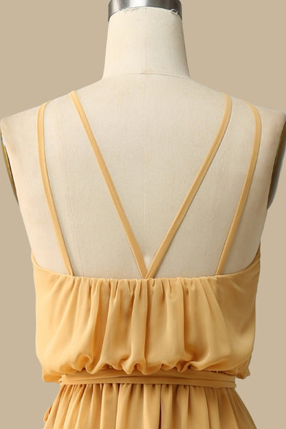 Blouson-Style Halter Chiffon Maxi Dress in Mustard Yellow