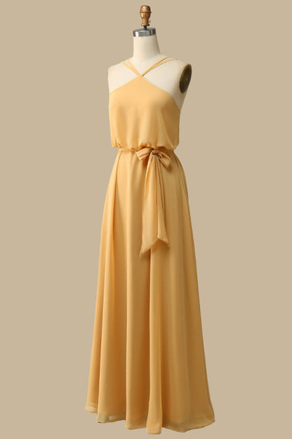 Blouson-Style Halter Chiffon Maxi Dress in Mustard Yellow