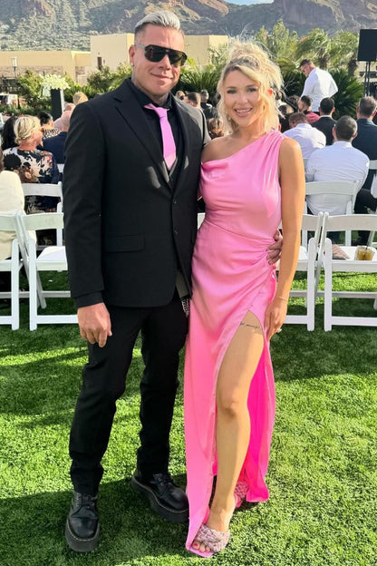 Asymmetrical Maxi Bridesmaid Dress with Slit in Pink