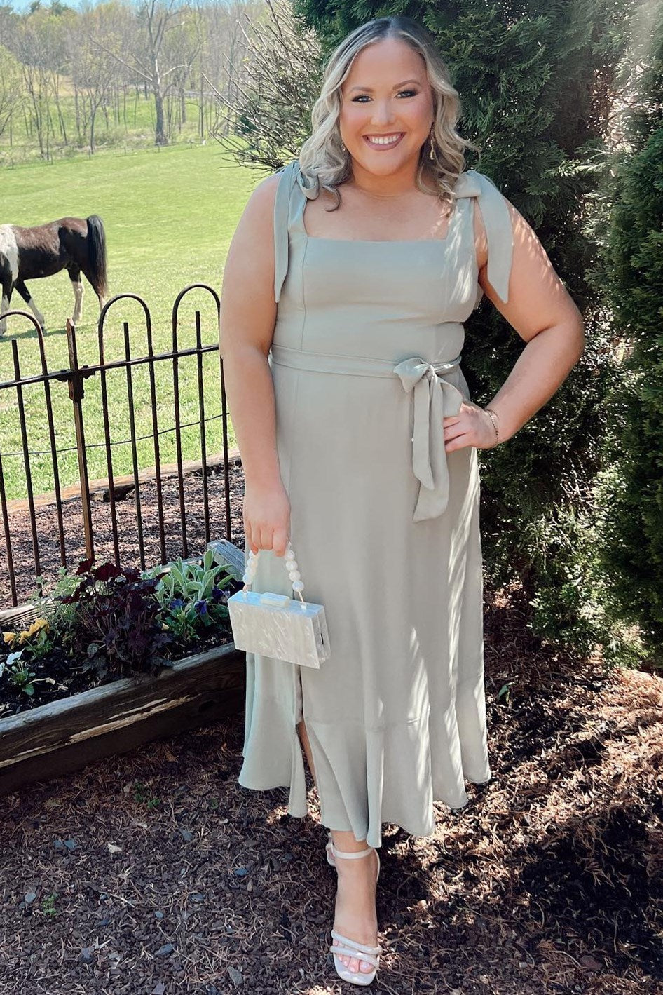 Sage Brush Square Neck Bow Strap Midi Dress